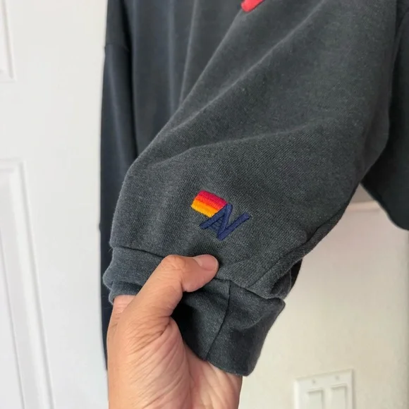 AVIATOR NATION charcoal grey heart patch crew boxy cropped oversized sweater - Picture 4 of 8